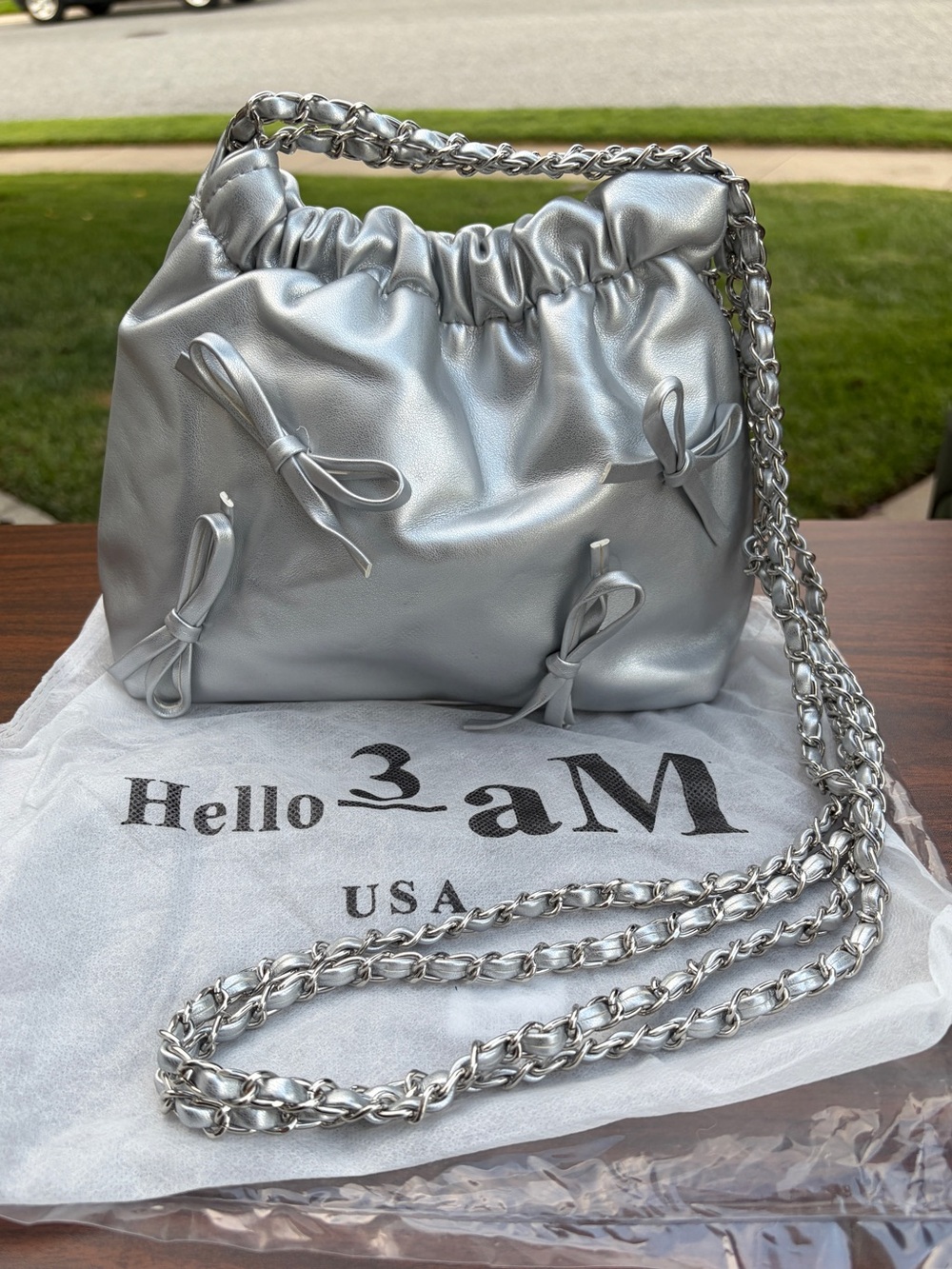 Hello 3AM Silver Ruched Bow Chain Crossbody Shoulder Bag NWT